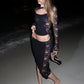 See Through Jacquard 2 Piece Set Women Hollow o-Neck Full Sleeve Skinny Crop Tops+Classic Skirt Sexy Midnight Suit