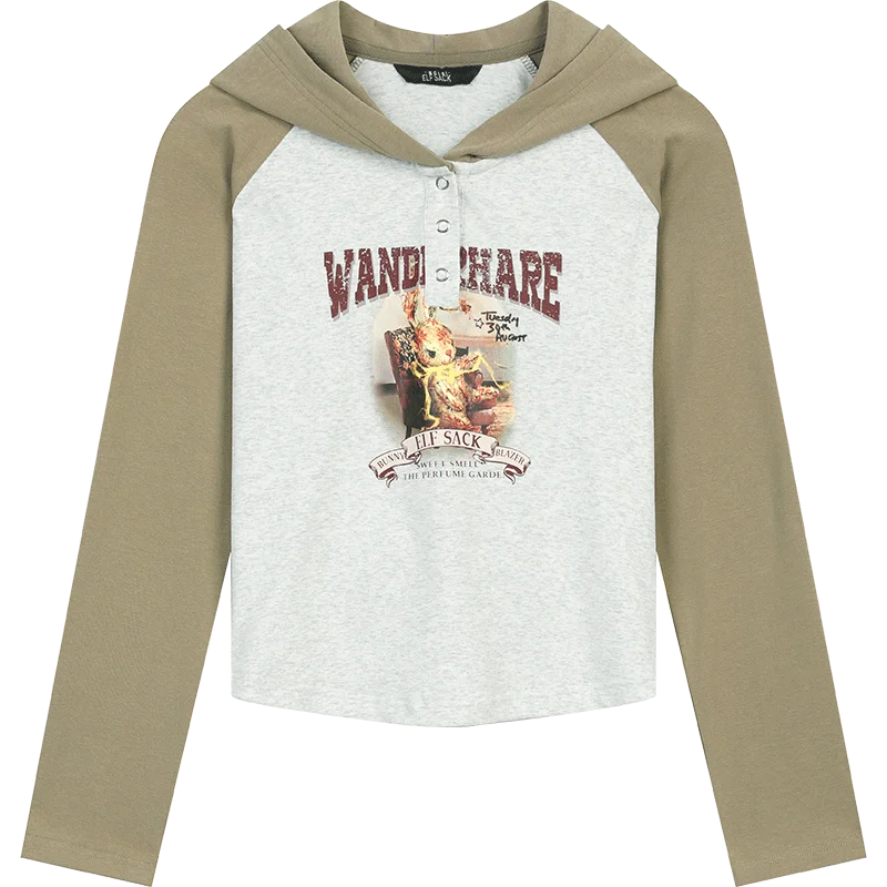 2025 Autumn New Arrivals Casual Print Hoodie Raglan Sleeve Color Block Long Sleeve Top For Women