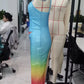 Women's Summer Long Dress U Neck Sleeveless Spaghetti Strap Leaves Pattern Slit Hem Contrasting Color Sequin Slim Dress