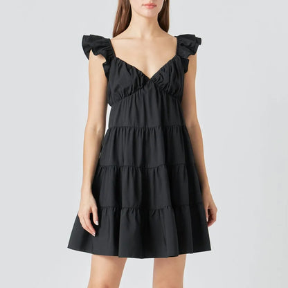 Women Tiered Mini Dress Solid Color V Neck Flutter Sleeve Backless A-line Short Dress for Daily Summer Vacation Sundress