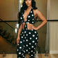 Polka Dot Print 2piece Set Women Tassel Halter v-Neck Kink Vest Elastic Waist Simple Short Midnight Sexy Fashion Suit