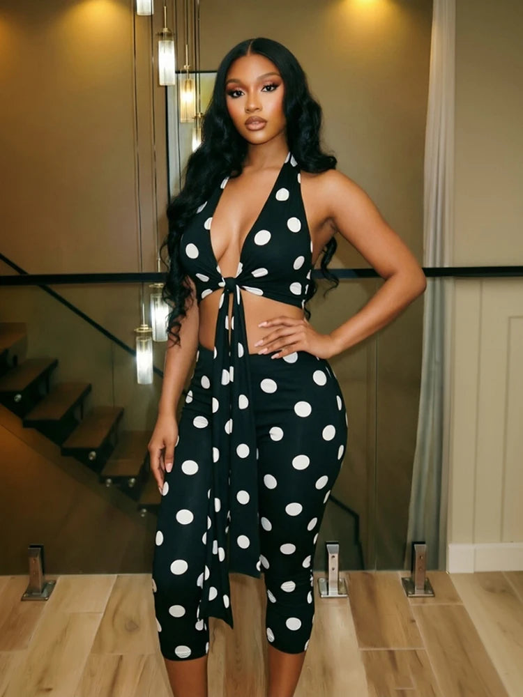 Polka Dot Print 2piece Set Women Tassel Halter v-Neck Kink Vest Elastic Waist Simple Short Midnight Sexy Fashion Suit