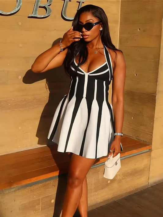 Contrast Halter Dress Women Summer Backless V-Neck Folds A-line Sleeveless Birthday Party Clubwear Stretch Bodycon