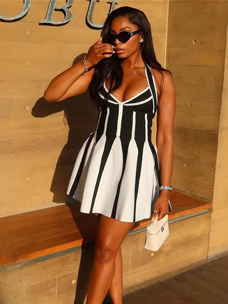 Contrast Halter Dress Women Summer Backless V-Neck Folds A-line Sleeveless Birthday Party Clubwear Stretch Bodycon