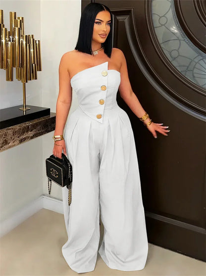 Metal Buttons Patchwork Wide-Leg Jumpsuit Women Summer Trend Strapless Zip Backless Street Fashion Classic Overalls