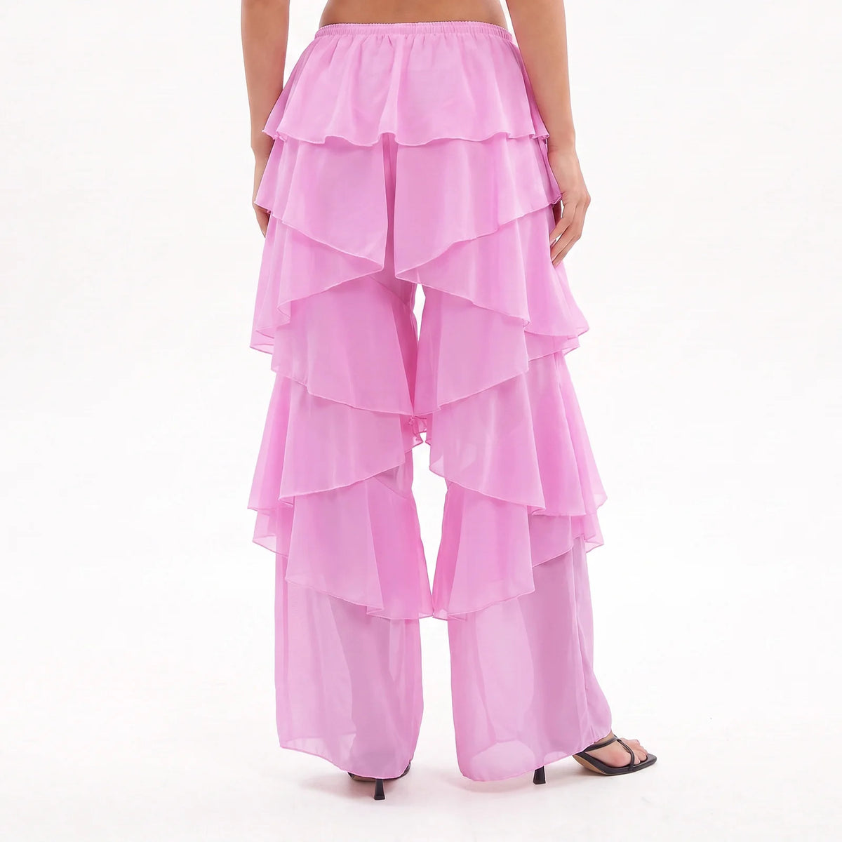 Tiered Ruffle Sheer Chiffon Wide Leg Pants Women Beach Bikini Cover Up Drawstring Waist Casual Vacation Trousers