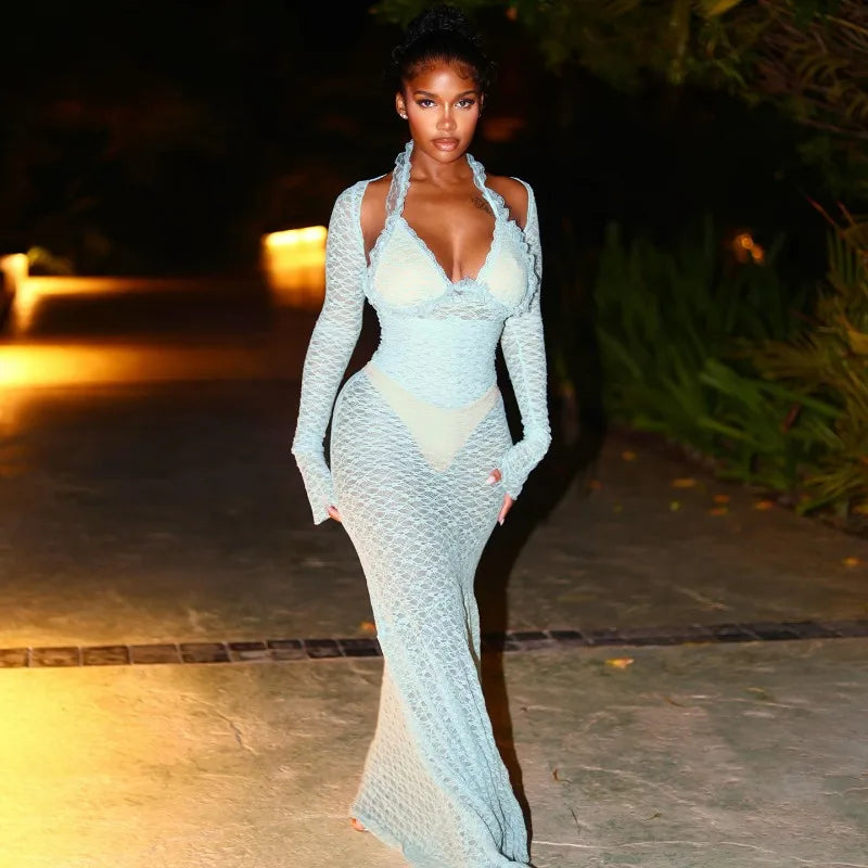 See Through Lace Dress for Woman Elegant Sexy Long Sleeve Maxi Dresses Beach Vacation Outfits