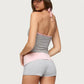 Women 2 Piece Loungewear Set Gray Pink Contrast Trim Halter Neck Crop Top And Foldover Waist Mini Shorts Y2K Streetwear