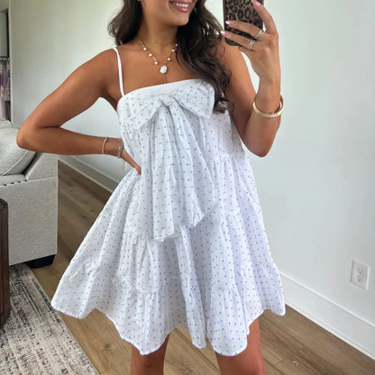Women's Mini Cami Dress Stylish Dots Print Decorative Bow Square Neck Spaghetti Strap Short Dress for Summer Vacation