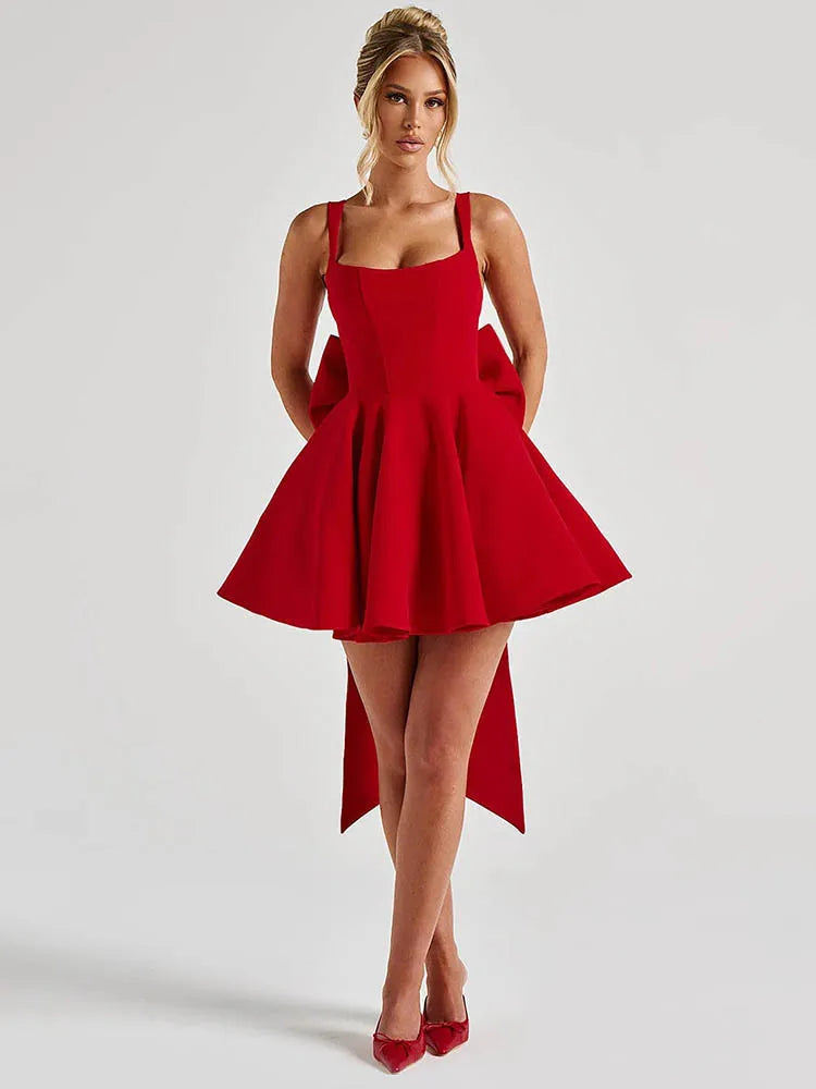 Backless Bow Sexy Mini Dress Women Fashion Elegant Spaghetti Strap Sleeveless High Waist A-line Club Party Dress New