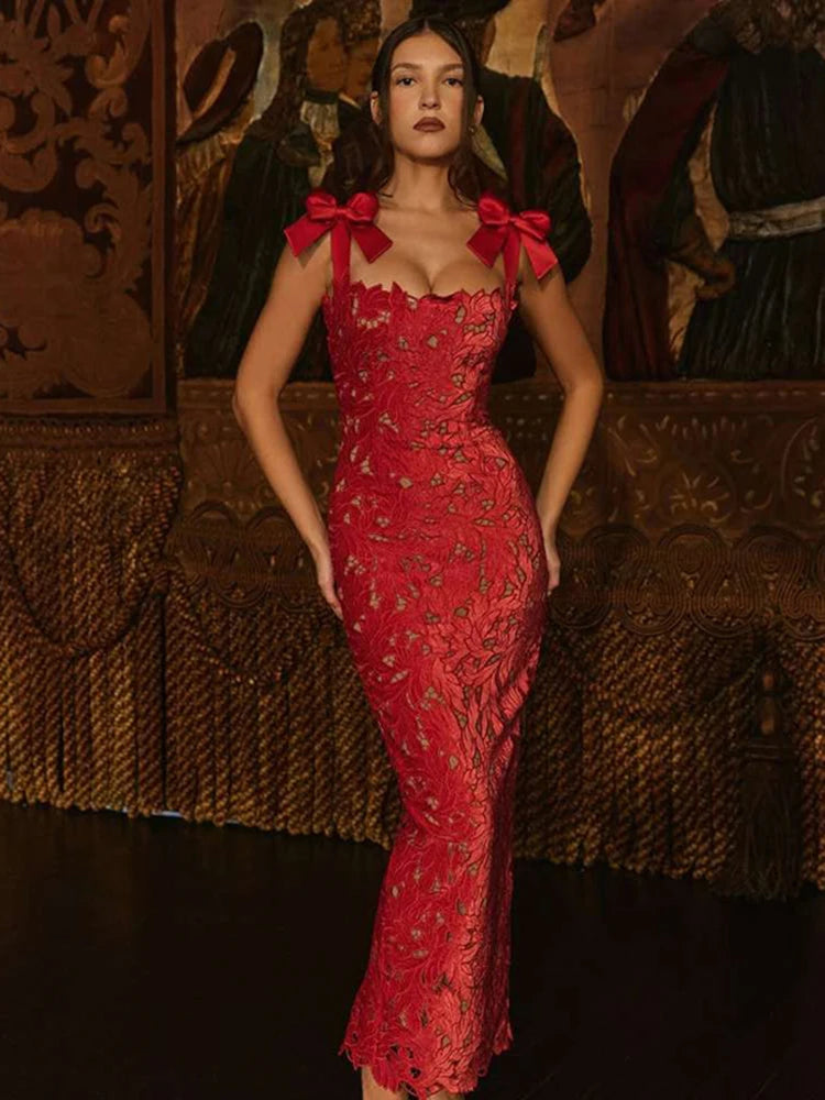 Bows Lace Sexy Maxi Dress For Women Fashion Sleeveless Backless Bodycon New Year's Birthday Club Party Long Dress
