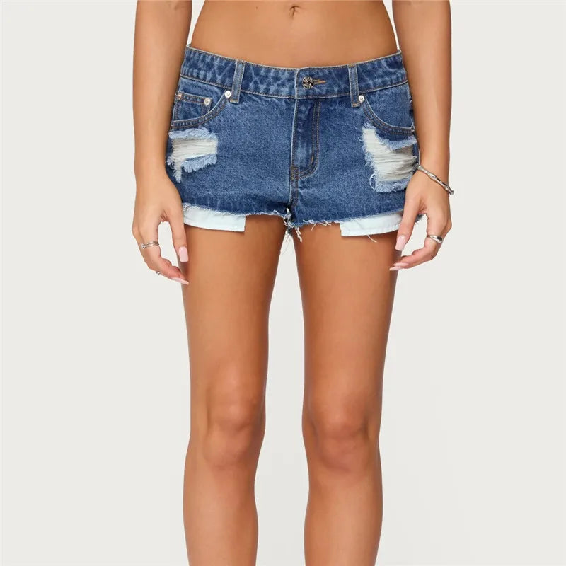 Womens Low Waist Distressed Denim Shorts Frayed Raw Hem Ripped Jeans Shorts with Inner Layer Casual Streetwear Hot Pants