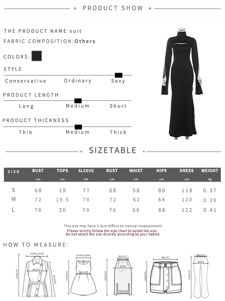 Fashion Chic 2-Piece Set Women Strapless Split Maxi Dress+Super Short Half-Sleeve Turtleneck Top Matching Elegant Outfits