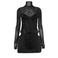Transparent Mesh Patchwork Black Sexy Dresses for Party Club Wear Turtleneck Long Sleeve Cut Out Mini Dress