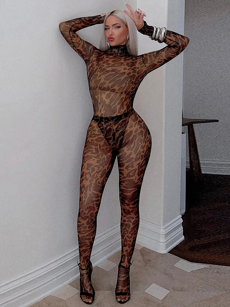 Leopard Print Sexy Mesh 2 Piece Set Women Turtleneck Full Sleeve Bodysuit+Skinny Peach Hip Long Pants Wild Style Suit