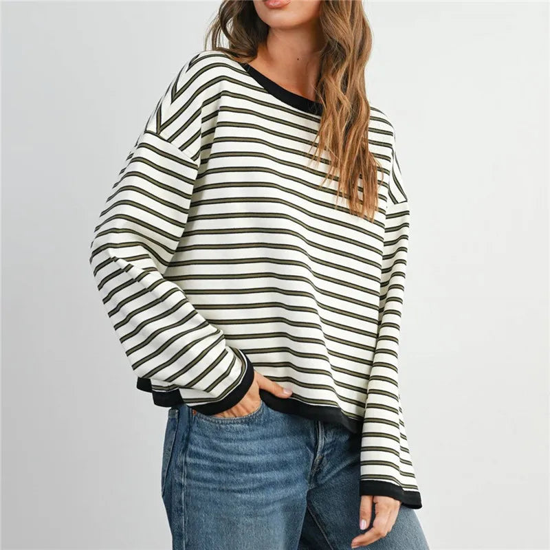 Contrast Rib Crew Neck Striped Long Sleeve T Shirt Drop Shoulder Loose Cropped Basic Casual Pullover Top for Fall Winter