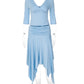 Women 2 Piece Outfits V‑Neck 3/4 Sleeve Wrap Crop Top High Waist Ruched Midi Skirt Set Y2K Matching Suit Streetwear