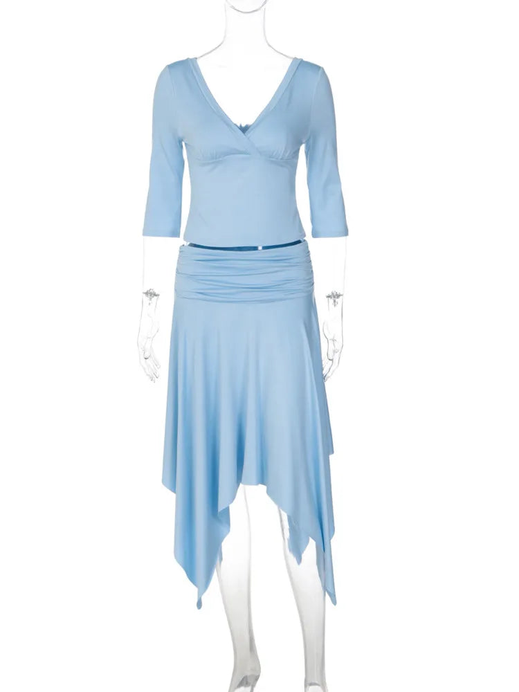 Women 2 Piece Outfits V‑Neck 3/4 Sleeve Wrap Crop Top High Waist Ruched Midi Skirt Set Y2K Matching Suit Streetwear