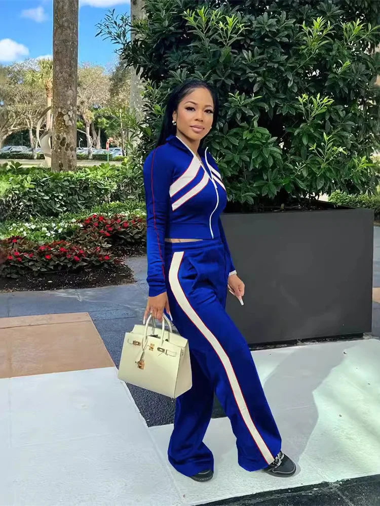 Contrast Patchwork 2 Piece Set Women Tracksuit Full Sleeve Zip Crop Jacket+Straight Pants Elastic Casual Streetwear