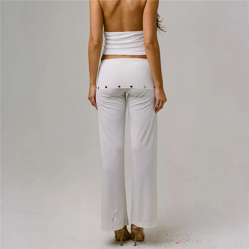 Y2K Low Rise Bootcut Pants Women Fold Over Waistband Metal Rivet Detail Soft Knit Wide Leg Casual Trousers Streetwear