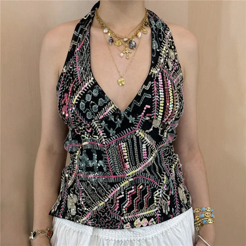 Y2k Woman Sexy Colorful Sequin Tank Tops Sleeveless Halter Neck Crop Vest V Neck Backless Cami Tops Streetwear