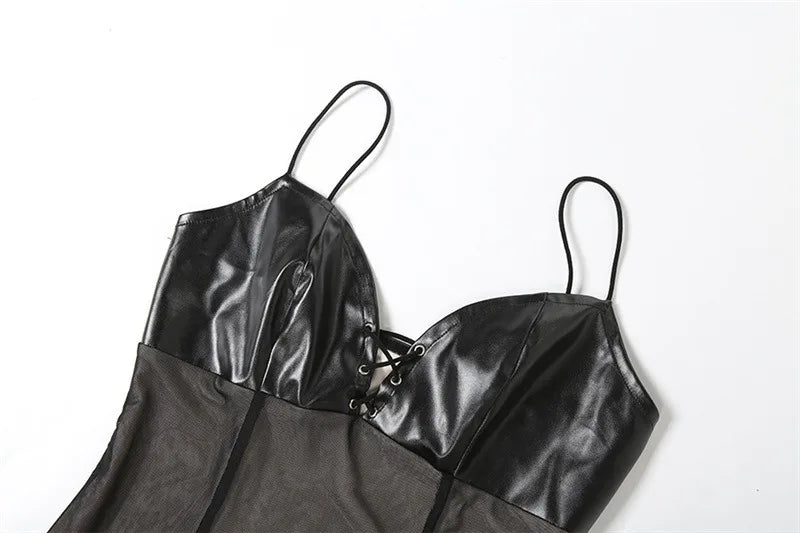 Leather Mesh Patchwork Black Long Party Dress Woman Elegant Sexy Sleeveless Fishtail Maxi Dresses