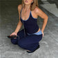Women Two Piece Outfits Summer Scoop Neck Sleeveless Contrast Color Slim Fit Halter Tops with High Waisted Pants Set