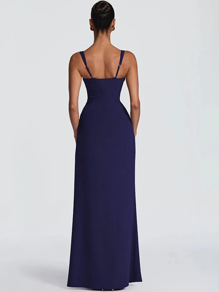 Square Collar Backless Sexy Maxi Dress Women Elegant Spaghetti Strap Sleeveless High Split Bodycon Club Party Dress