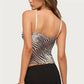 hirgin Y2K Vintage Zebra Stripe Sheer Mesh Crop Cami Women Deep V Wrap Front Scallop Hem Slim Fit Sleeveless Streetwear Tank Top