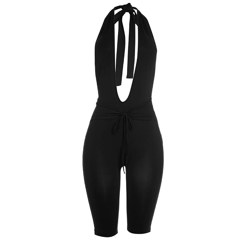 Halter Deep v-Neck Playsuit Women Folds Bandge Bow Tassel Peach Butt Backless Sleeveless Sexy Midnight Hottie Outfit