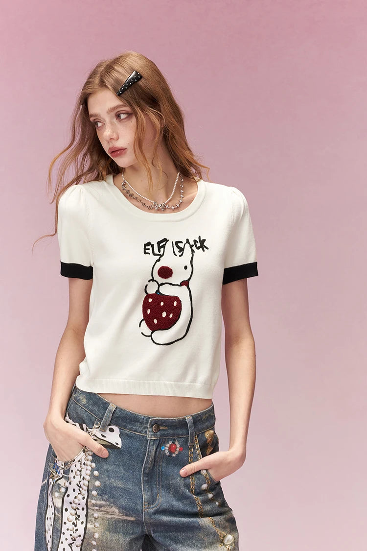 Cute Embroidered Crop Top for Women, Cartoon Knit T-Shirt with Black Cuffs, Perfect for Street Style & Casual Outfits
