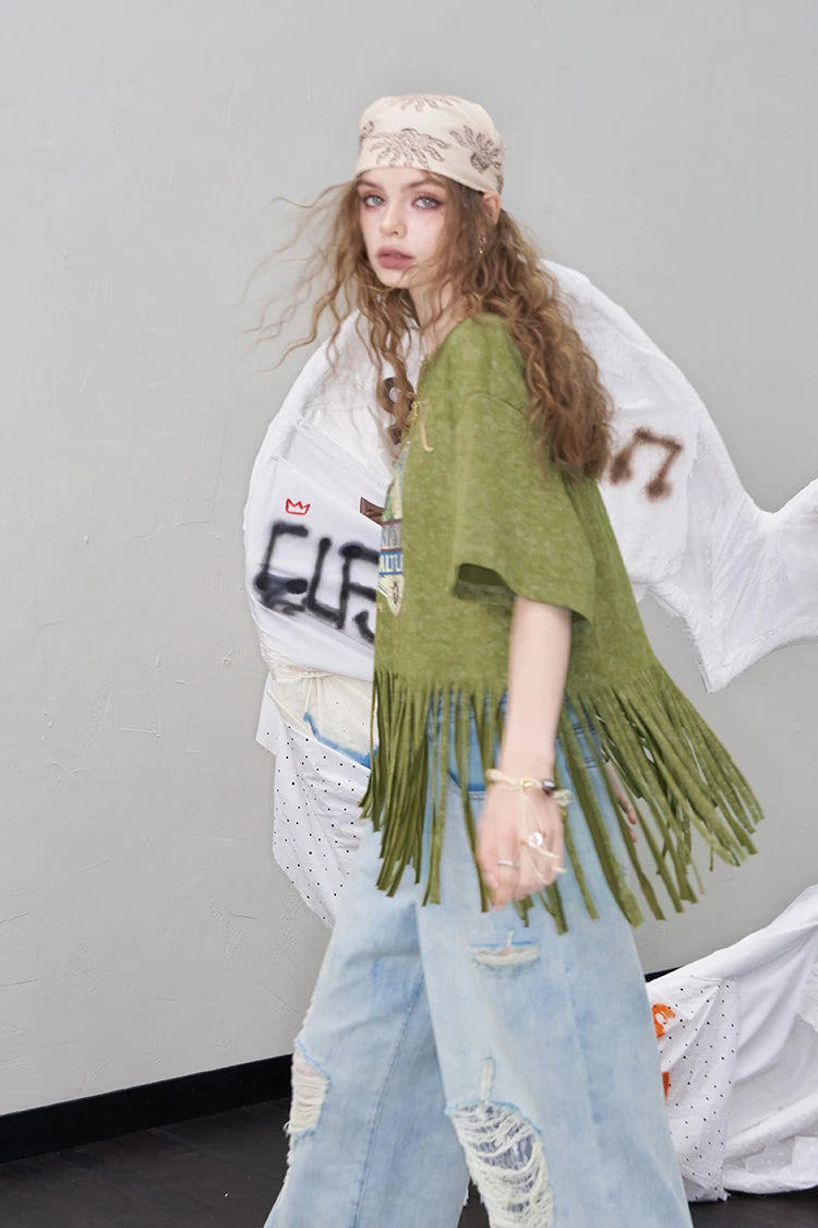 2025 Summer New Arrivals Women's Fringe Graphic Print T-Shirt Relaxed Fit Statement Tee