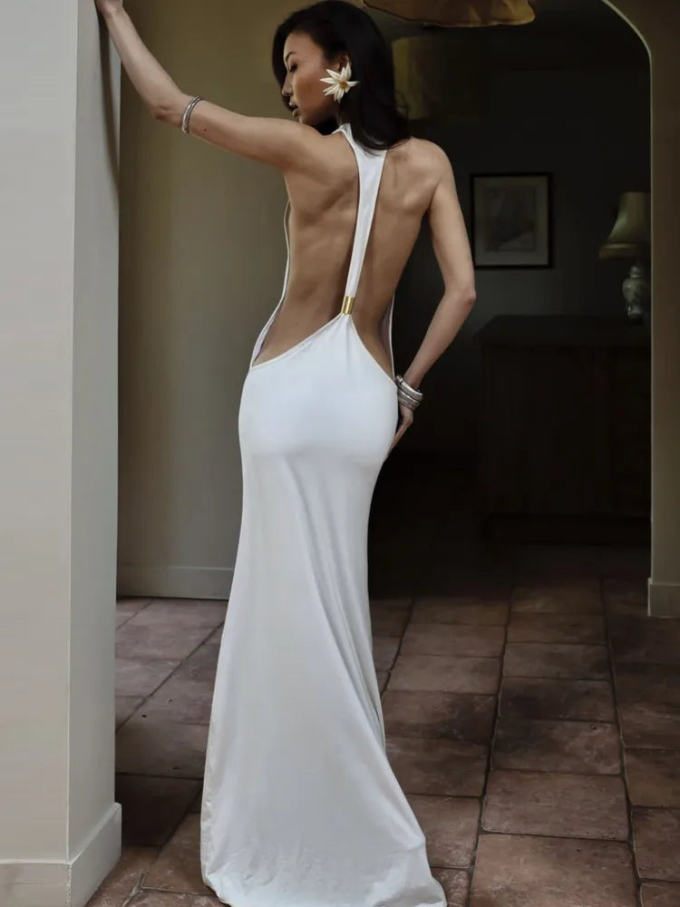 Halter Open Back Mermaid Sexy Maxi Dress Women Metal Buckle Bodycon Sleeveless Backless Evening Club Party Long Dress