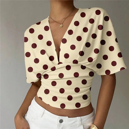 Women Y2K Polka Dot Print Deep V Neck Crop Top Batwing Short Sleeve Ruched Waist Slim Fit Casual Summer Streetwear