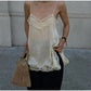 Women Lace Trim Satin High Low Tops Silk Spaghetti Strap Side Split Asymmetrical Cami Top Flowy Silky Layering Tops