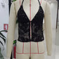 Women Sequin Mesh Halter Crop Top Sheer Lace Back Tie Backless Camisole Y2K Party Clubwear Sexy See Through Tank Top