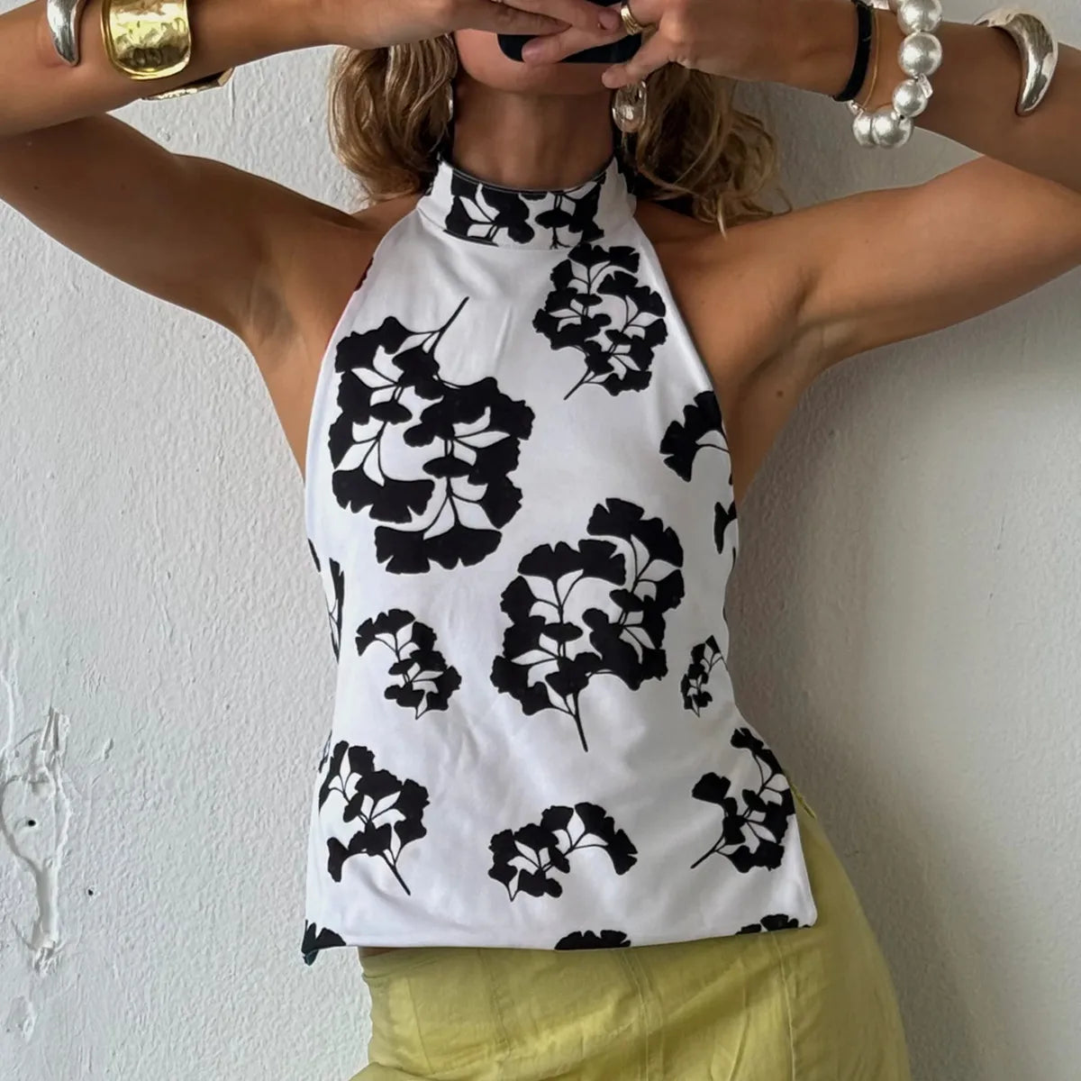 Boho Graphic Print Backless Camis Women Y2k Halter Tank Top Vintage Sleeveless Tie Up Crop Top Summer Vest Streetwear