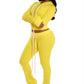 Sporty Casual 2 Piece Set Women Tracksuit Hooded Full Sleeve Zip Crop Jacket+Shirring Pants Basic Stretch Streetwear