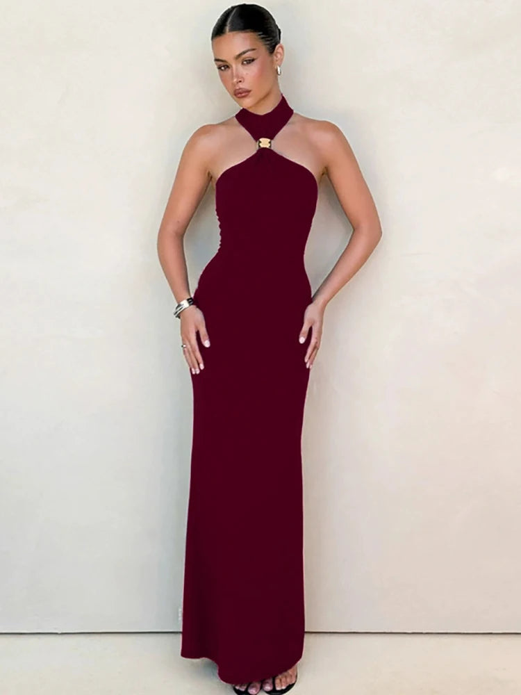 Turtleneck Off-shoulder Sexy Knit Maxi Dress For Women Gown Metal Buckle Strapless Sleeveless High Waist Knitted Dress