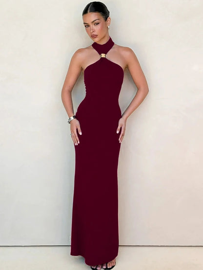 Turtleneck Off-shoulder Sexy Knit Maxi Dress For Women Gown Metal Buckle Strapless Sleeveless High Waist Knitted Dress