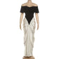 Off Shoulder Pleated Split Long Dresses Satin White and Black Patchwork Elegant Sexy Party Dresses for Woman