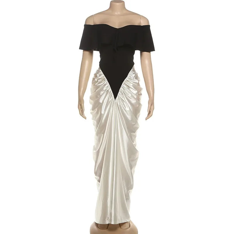 Off Shoulder Pleated Split Long Dresses Satin White and Black Patchwork Elegant Sexy Party Dresses for Woman