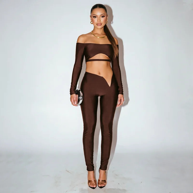 Sexy 2-Piece Set Women Hollow Slash Neck Full Sleeve Crop Tops+v-Waist Skinny Pants High Elasticity Chic Streetwear