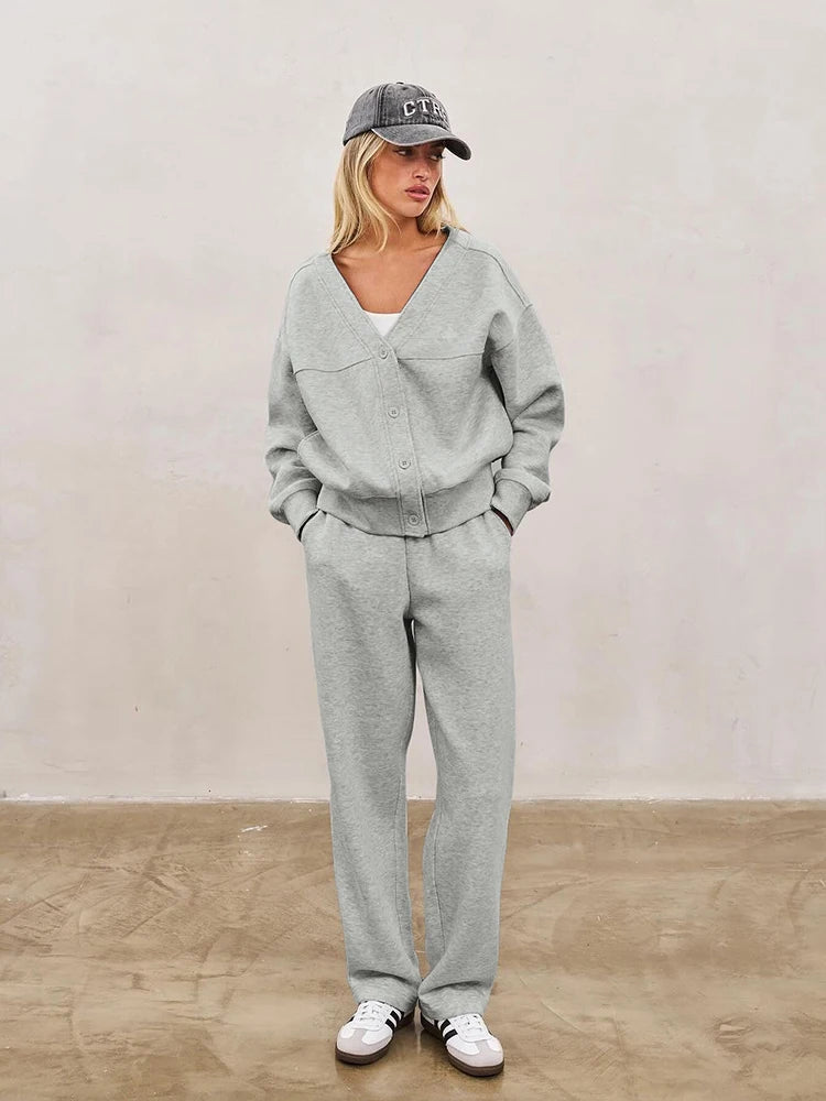 Sporty Casual Tracksuits 2 Piece Set V-Neck Single Breasted Jacket+Drawstring Pants Matching Simple Streetwear Outfits