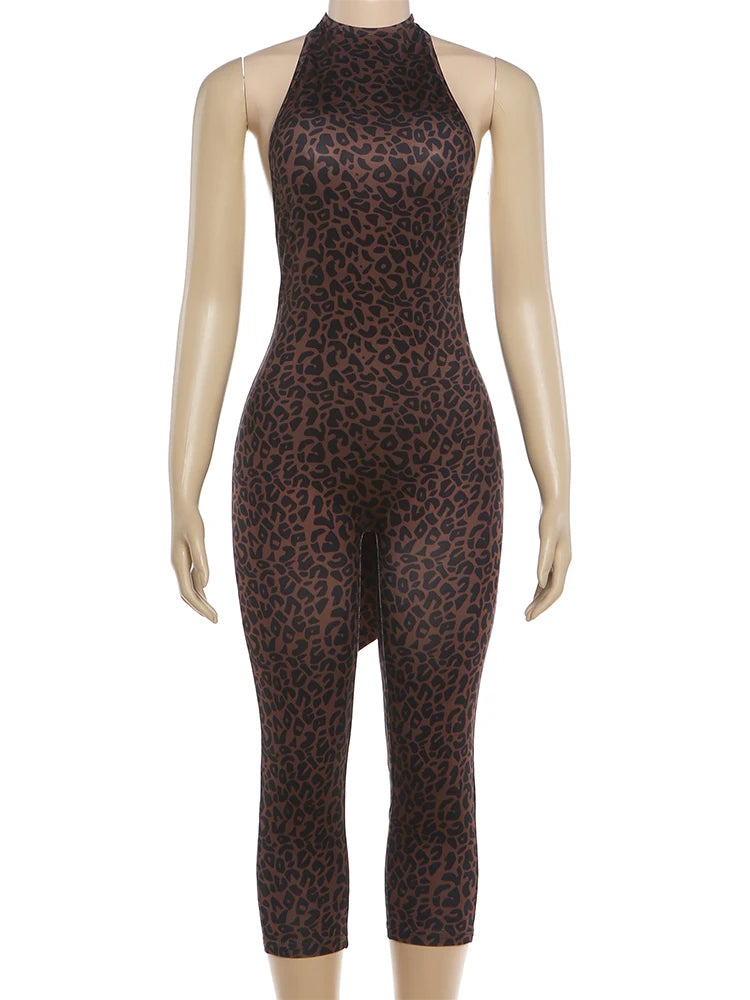 Wild Midnight Street Romper Women  Leopard Print Halter Backless Bandages Sleeveless Fashion Club Party Playsuits