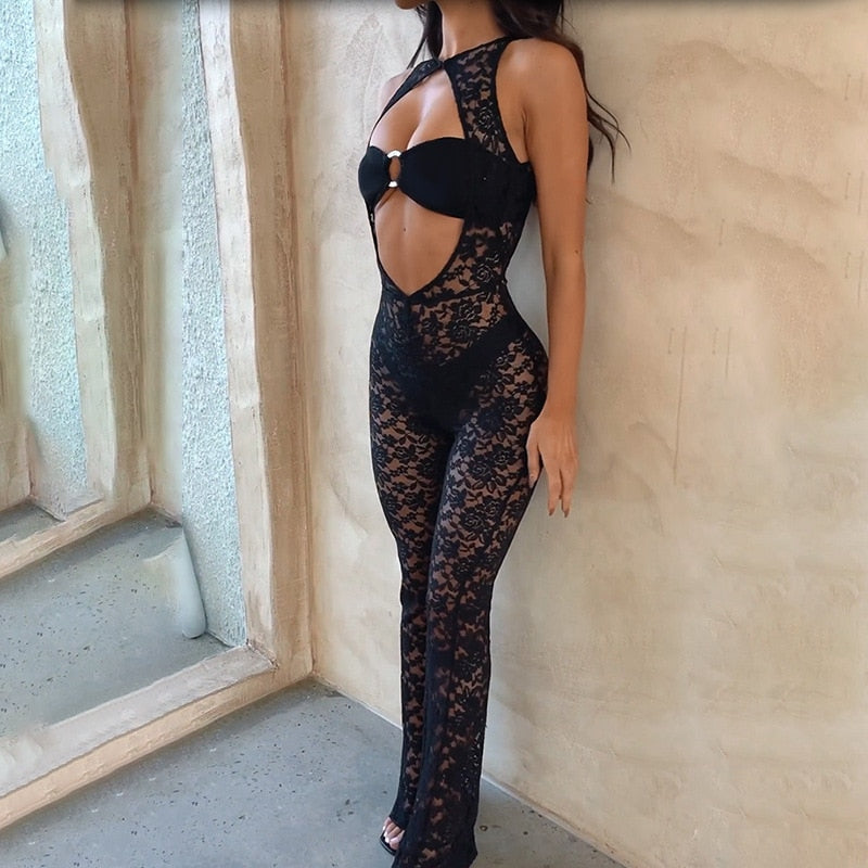 Black Floral Lace Mesh Jumpsuit Backless Hollow See Through Baddie Outfits for Woman Fall 2023 Sexy Clubwear