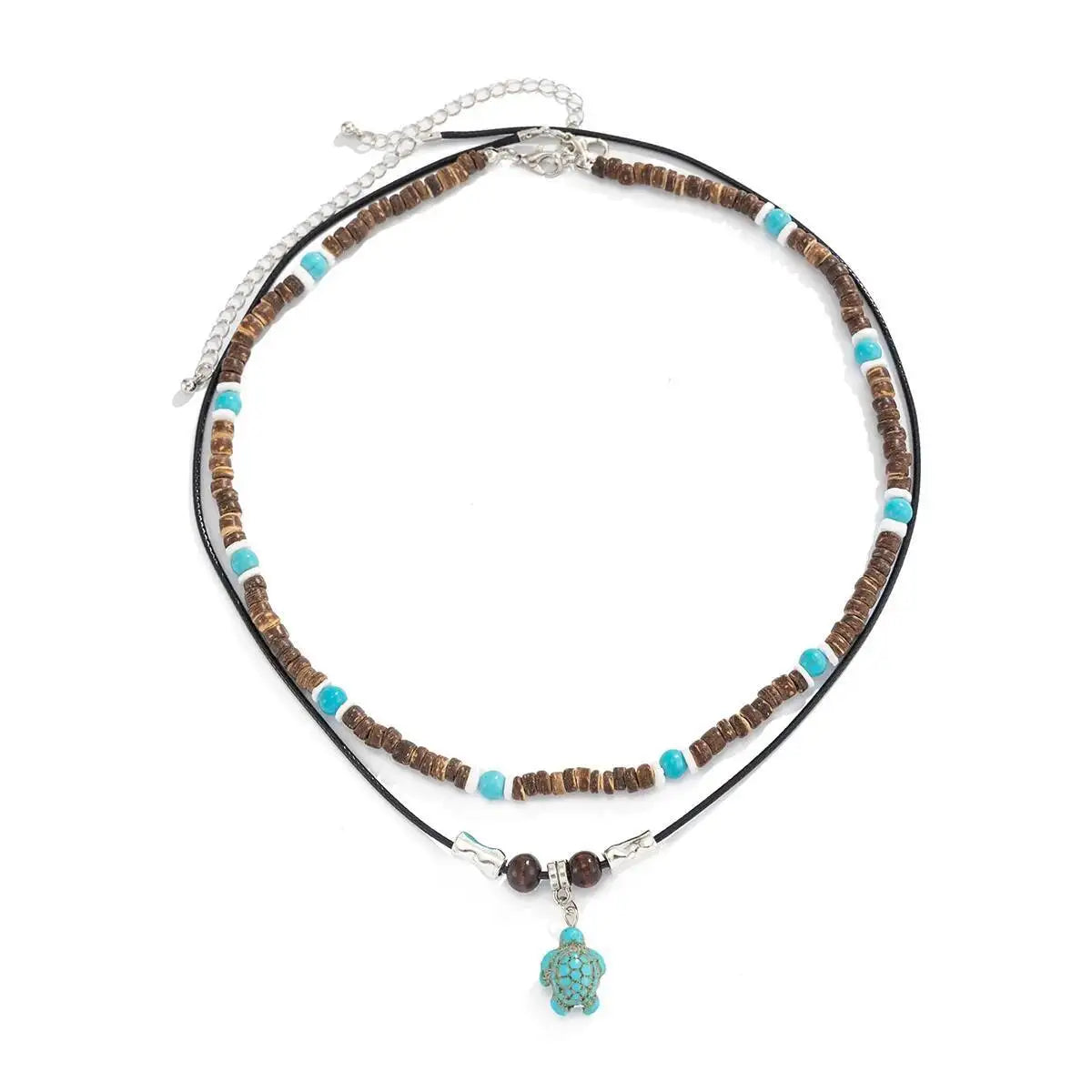 2Pcs/Set Vintage Sea Turtle Pendant Necklace Men Ethnic Style Multi Layer Stackable Stone Wooden Beaded Choker Jewelry