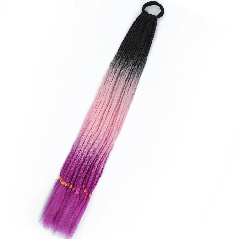 Synthetic 24inch Girls Colored Box Braided Ponytail With Elastic Rubber Band Hair Extensions Rainbow Color Box Pigtail Hairpiece