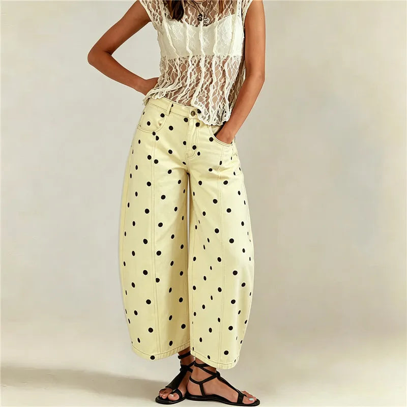 Women High Waist Polka Dot Wide Leg Cropped Pants Seam Detail Loose Straight Leg Ankle Trousers Vintage CasualStreetwear