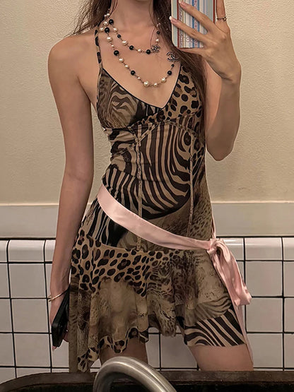 Sexy Leopard Slip Dress Women Mesh Irregular Stripe Print Patchwork Tierred Low Chest Skinny Hottie Clubwear Bodycon
